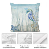 Watercolor seahorse plush pillow cover with soft, comfortable plush fabric, invisible zippers, and neat stitches.