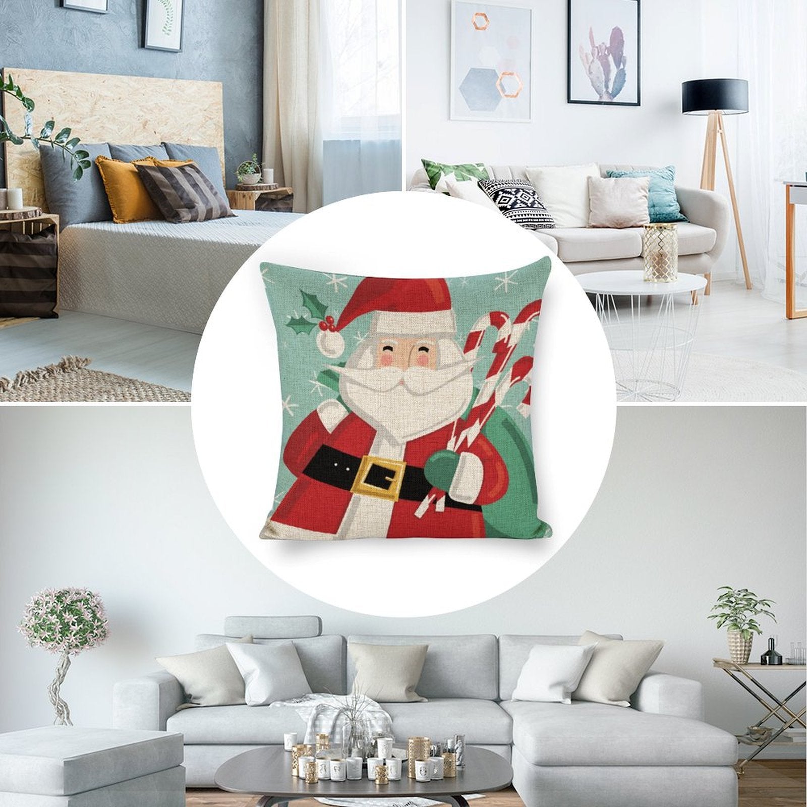 Christmas pillow cover with Santa Claus design. Linen square cushion cover for sofa, couch, or bed; holiday home decor.