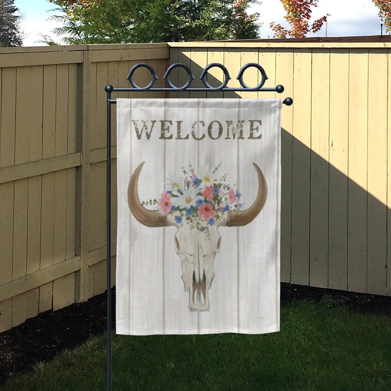 Bohemian Welcome garden flag with bull skull and floral design, yard farmhouse decor