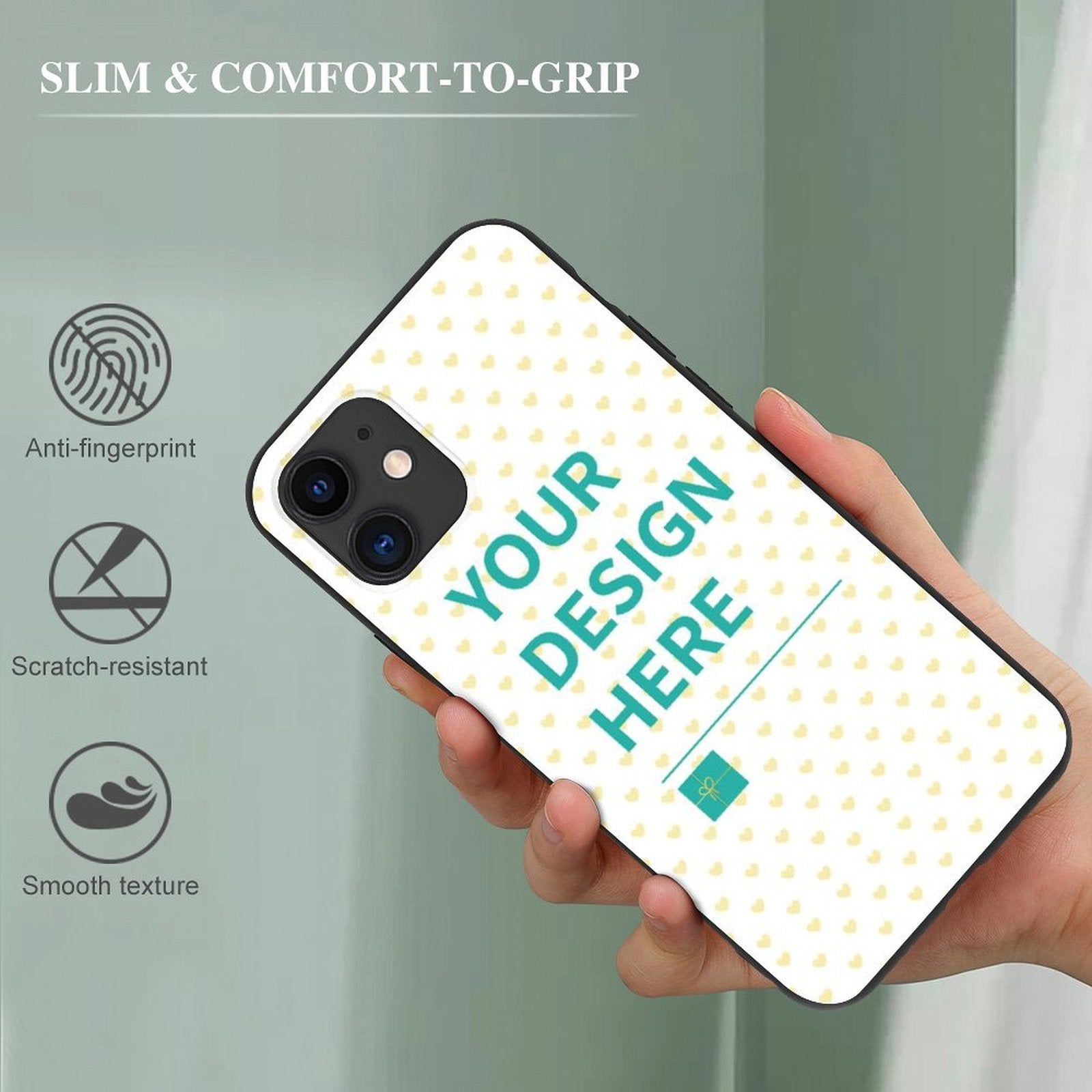 Custom iPhone 11 case with 'YOUR DESIGN HERE', TPU material, anti-fingerprint, scratch-resistant, personalized style.