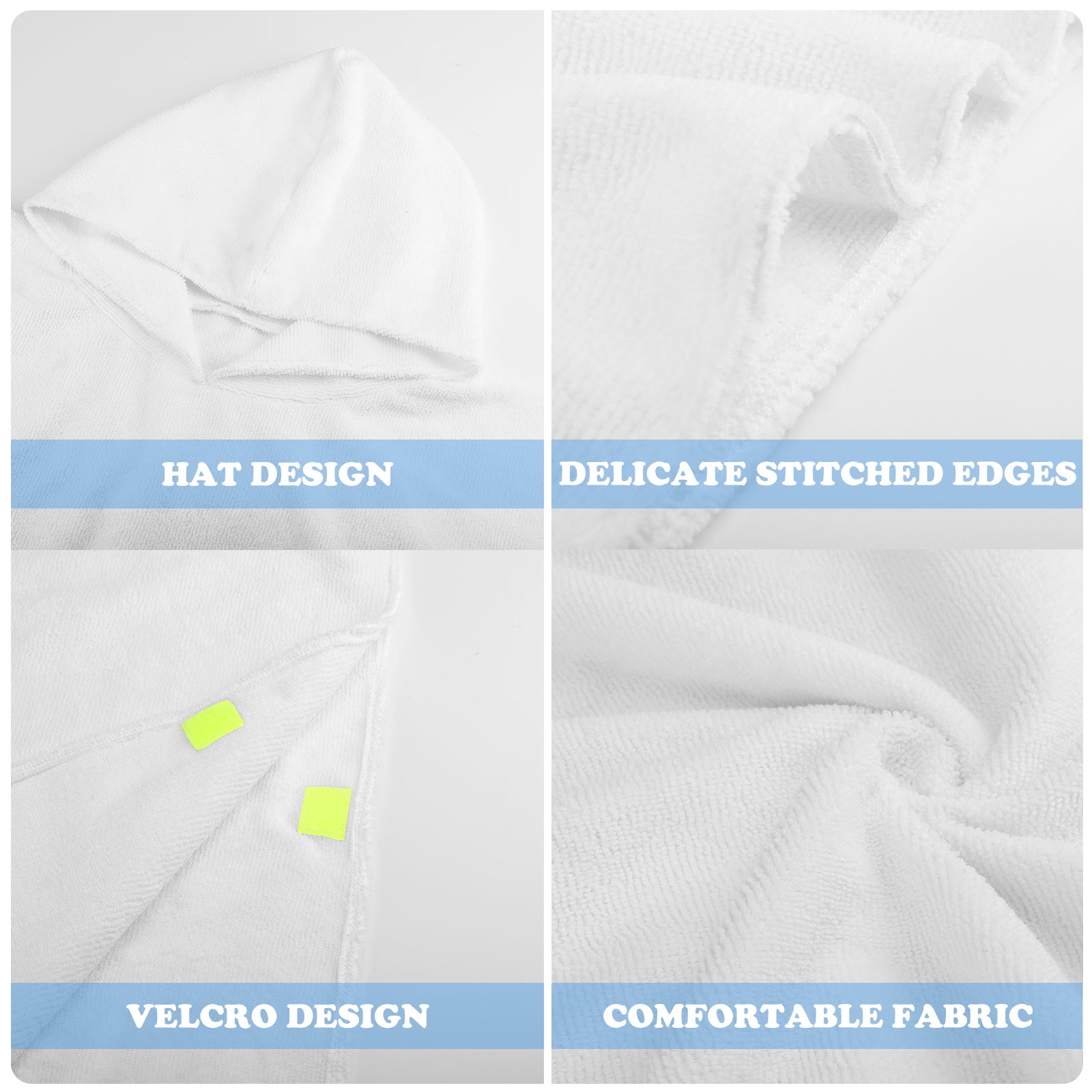 White baby hooded towel features: hat design, delicate stitched edges, Velcro closure, and comfortable, absorbent fabric.