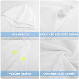 White baby hooded towel features: hat design, delicate stitched edges, Velcro closure, and comfortable, absorbent fabric.