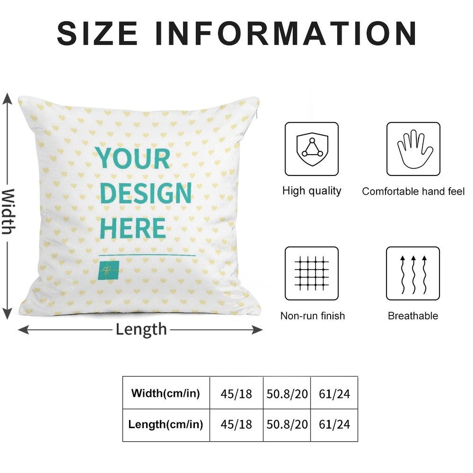 Golden velvet pillow case size chart with 'Your Design Here' for living room, showcasing quality and breathable fabric