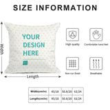 Golden velvet pillow case size chart with 'Your Design Here' for living room, showcasing quality and breathable fabric