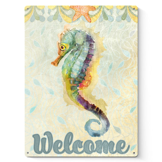 Personalized Metal Sign with a colorful seahorse and Welcome text, Made in USA