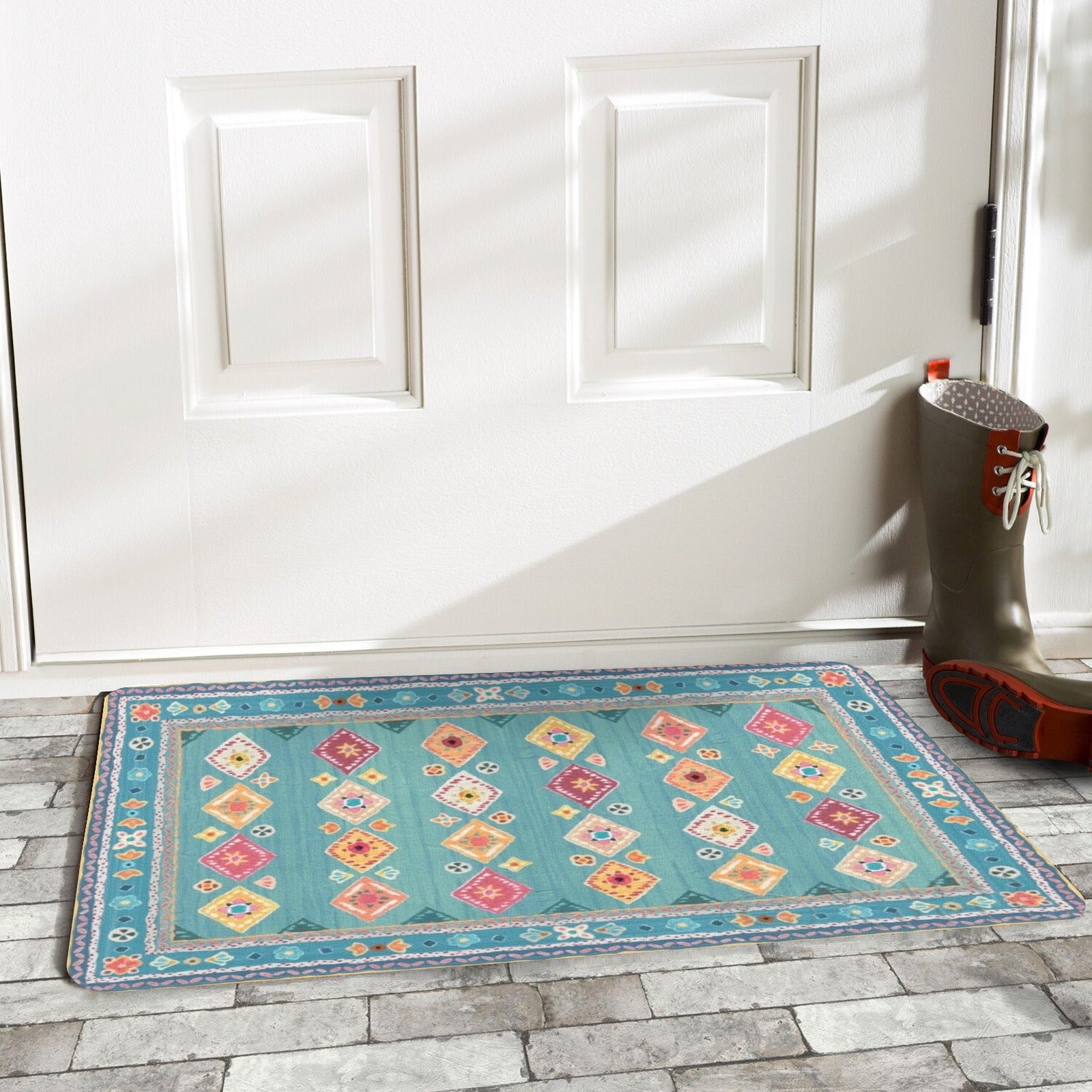 Teal My Life Entrance Door Mat with diamond pattern in front of a white door, suitable for both indoor and outdoor use
