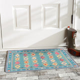 Teal My Life Entrance Door Mat with diamond pattern in front of a white door, suitable for both indoor and outdoor use