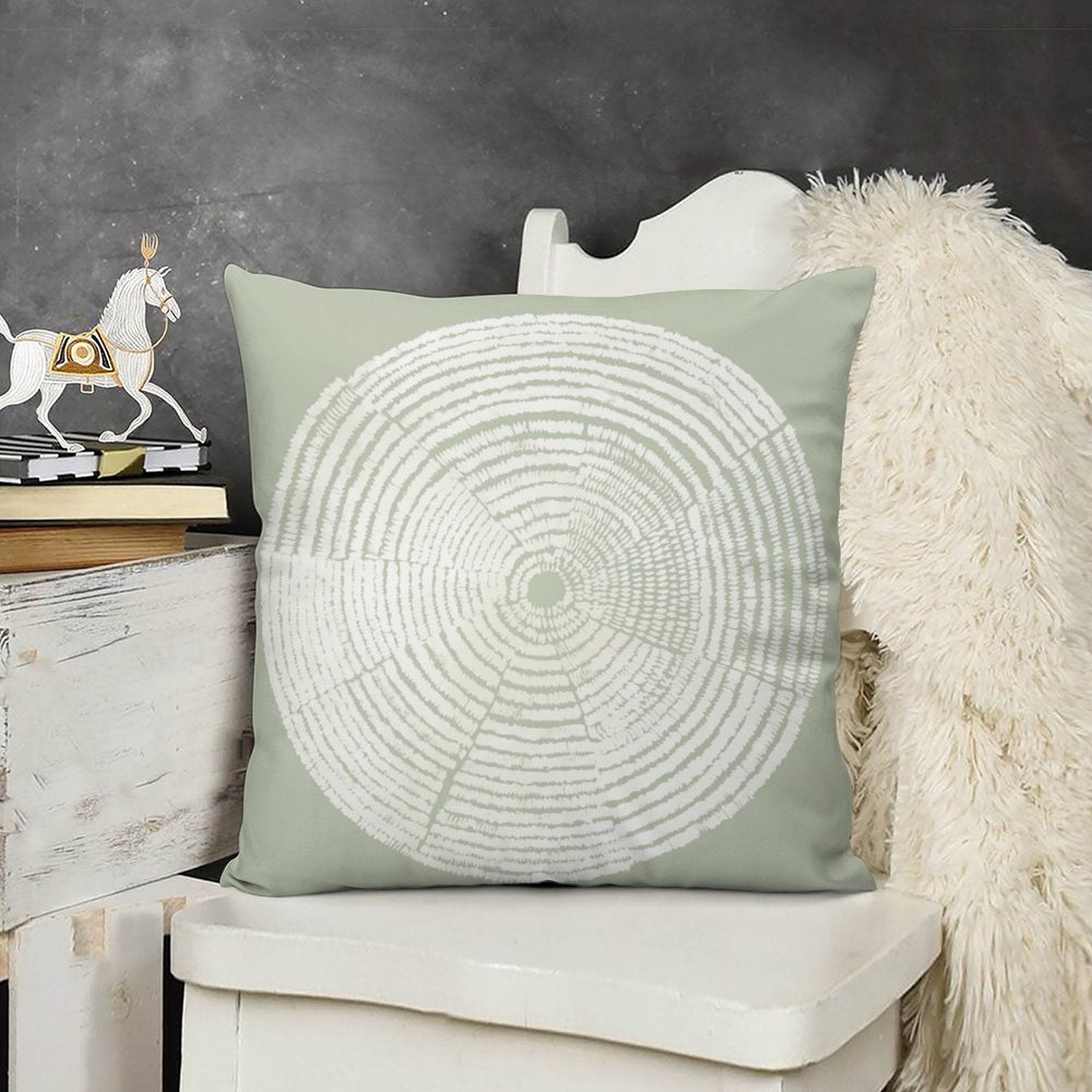 Plush sage green tree ring pillow cover for living room. Soft, fluffy decorative pillow available at MyArtsyGift.com