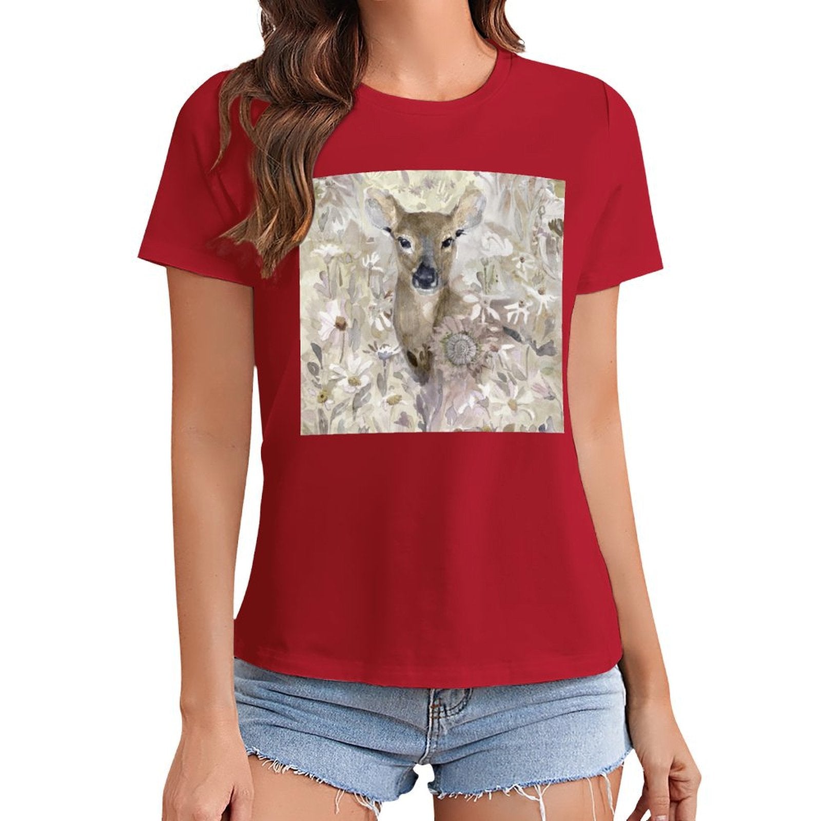 Women's red deer graphic t-shirt from MyArtsyGift. Crewneck short sleeve tee, casual wear.