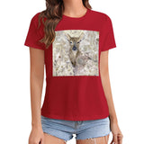 Women's red deer graphic t-shirt from MyArtsyGift. Crewneck short sleeve tee, casual wear.