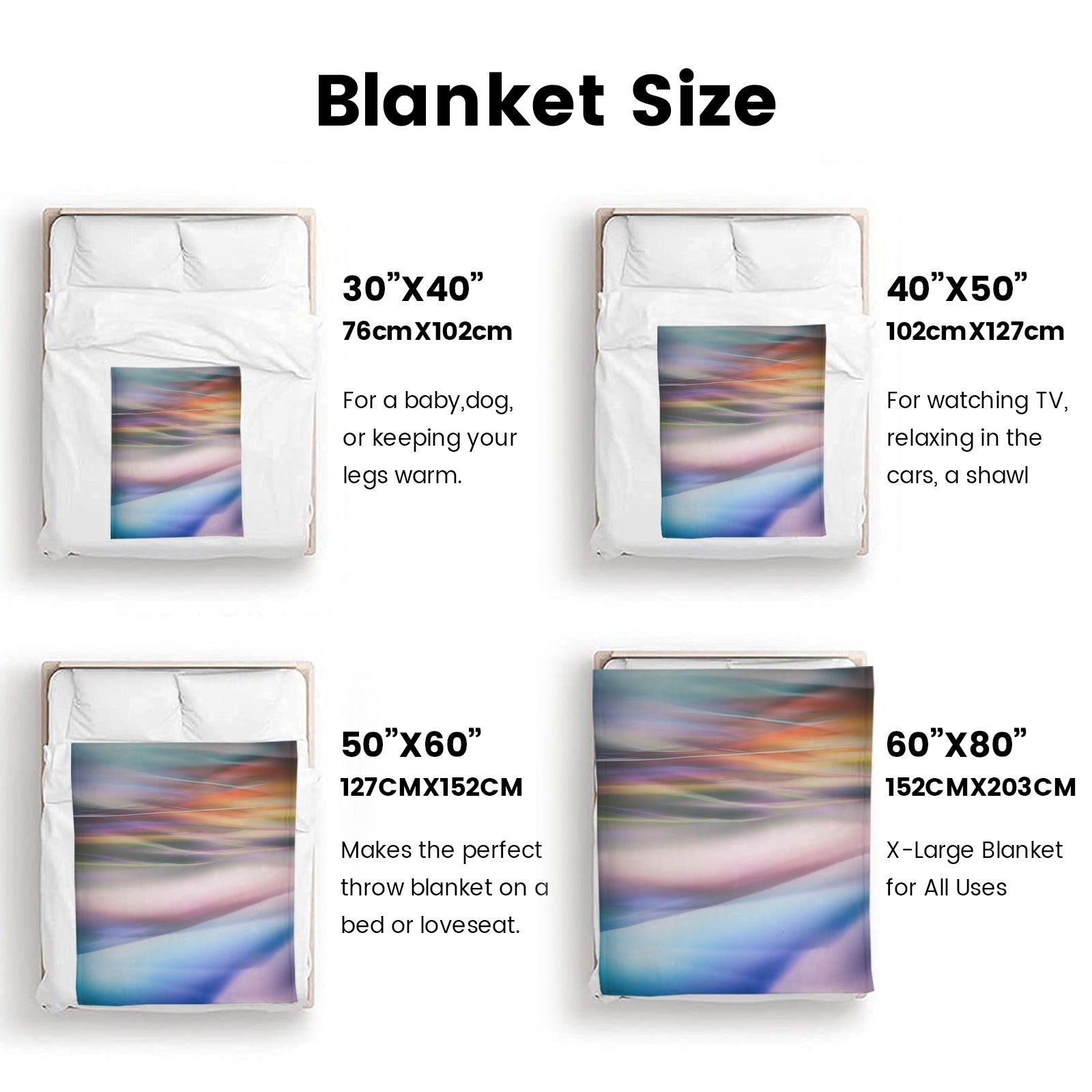 Colorful flannel blanket size guide. Perfect for sofa, couch, or bed; available in various dimensions for all needs.