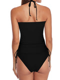Black halter swimsuit for women, perfect for beach vacations. One-piece, bandeau style, personalized swimwear.