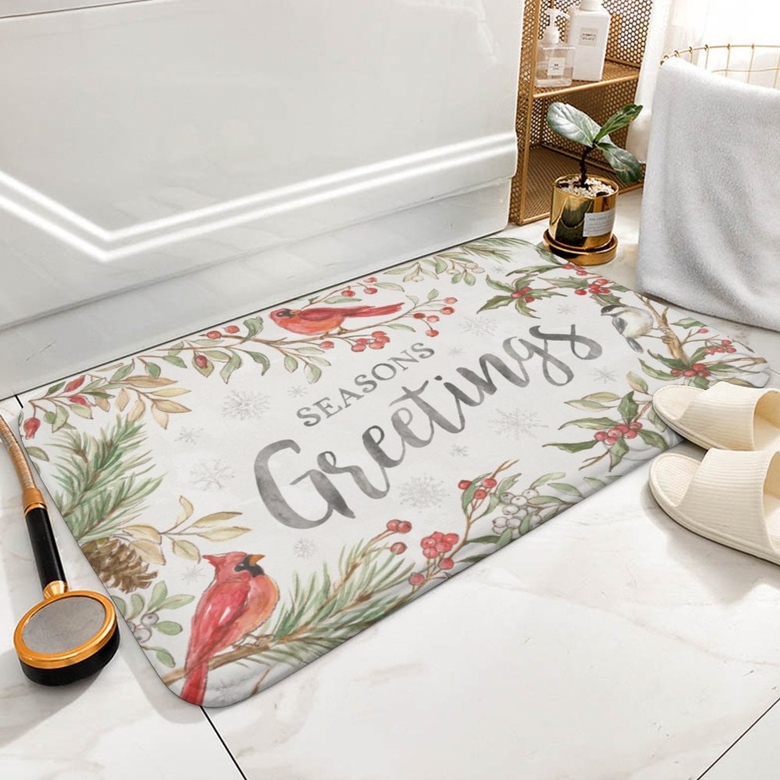 Coral velvet bath rug with Seasons Greetings design and cardinals, bathroom rug