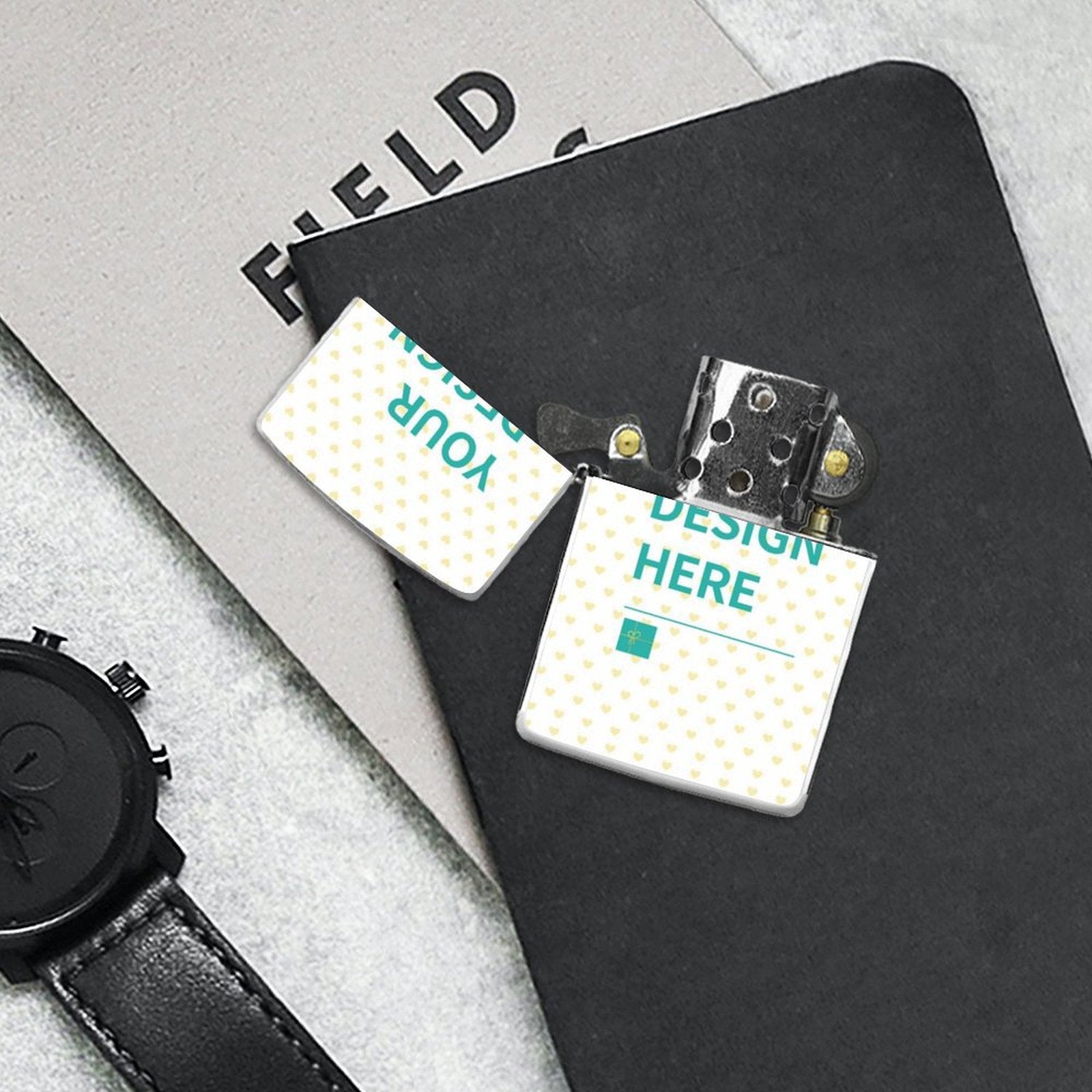 Custom lighter housing with 'DESIGN HERE' design. Personalized gift with heart pattern, wear-resistant copper.