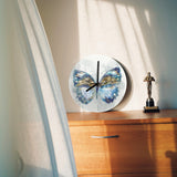 Modern blue butterfly MDF wall clock, ideal for kitchen or office decor; artistic design.