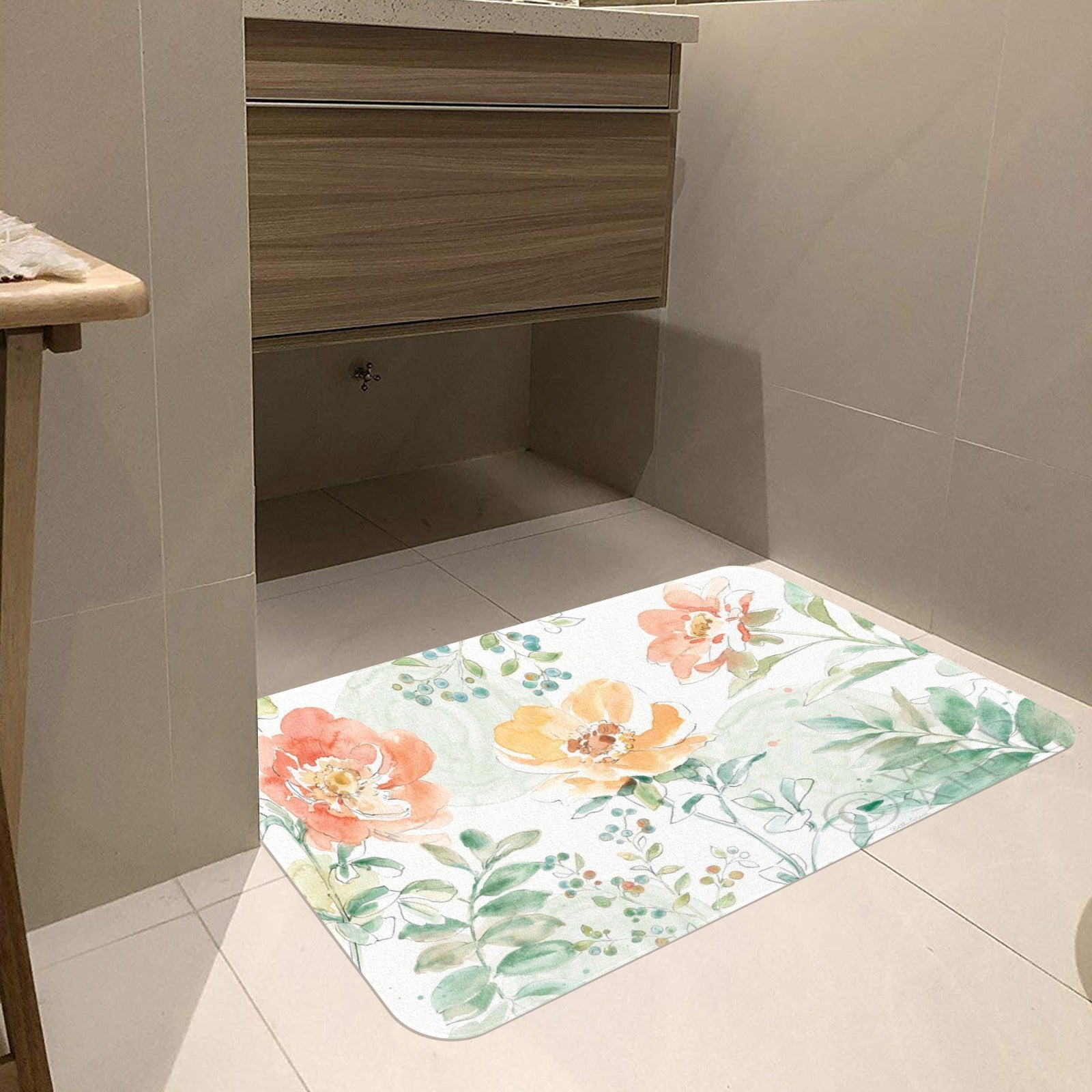Watercolor floral entrance doormat in bathroom. Soft rubber floor mat for indoor/outdoor use, durable and decorative