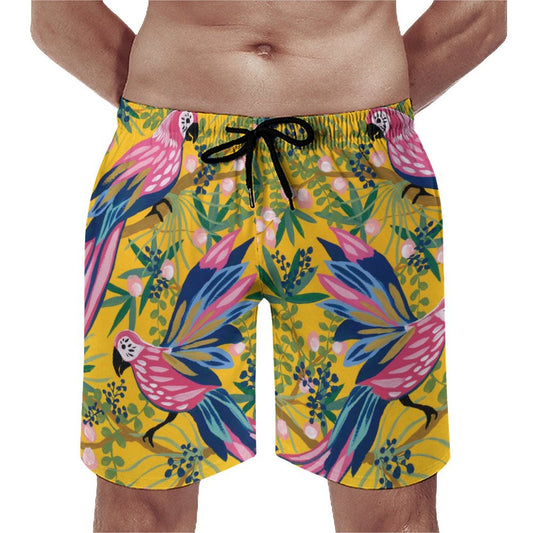 Men's Hawaiian swim trunks with colorful parrot print and drawstring waist