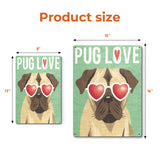 Metal pug sign with heart sunglasses, product size guide, USA made iron wall art for dog lovers