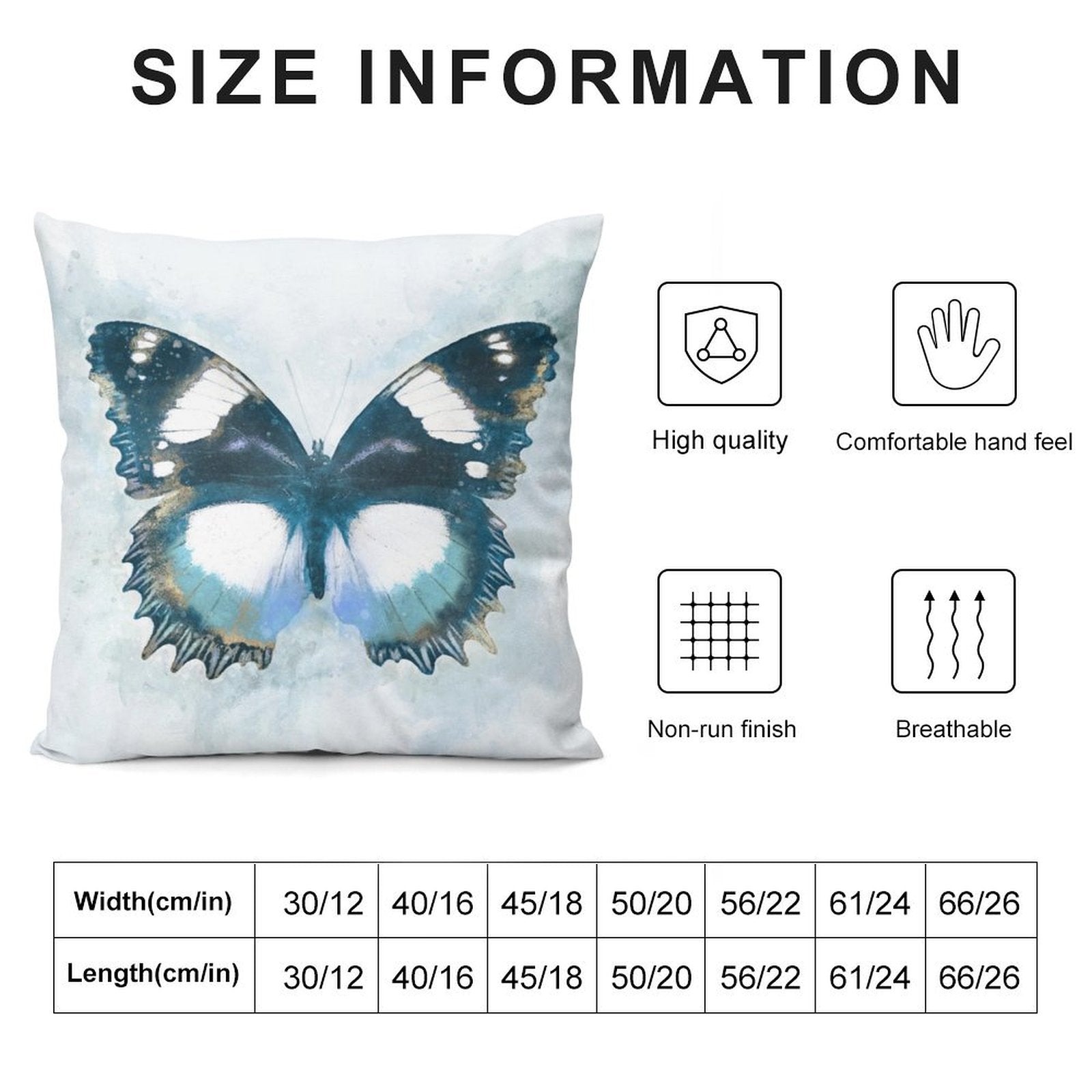 Butterfly pillow cover, short plush material, soft and decorative, featuring a blue and white design for sofa or bedroom.