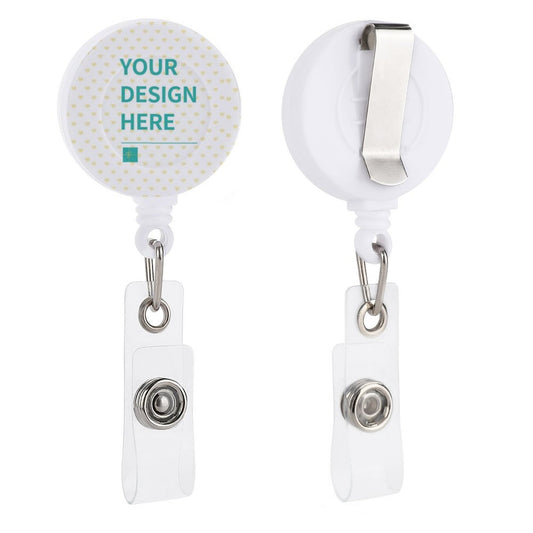 Custom badge reel with metal clip. White, durable PP material with customizable design area.