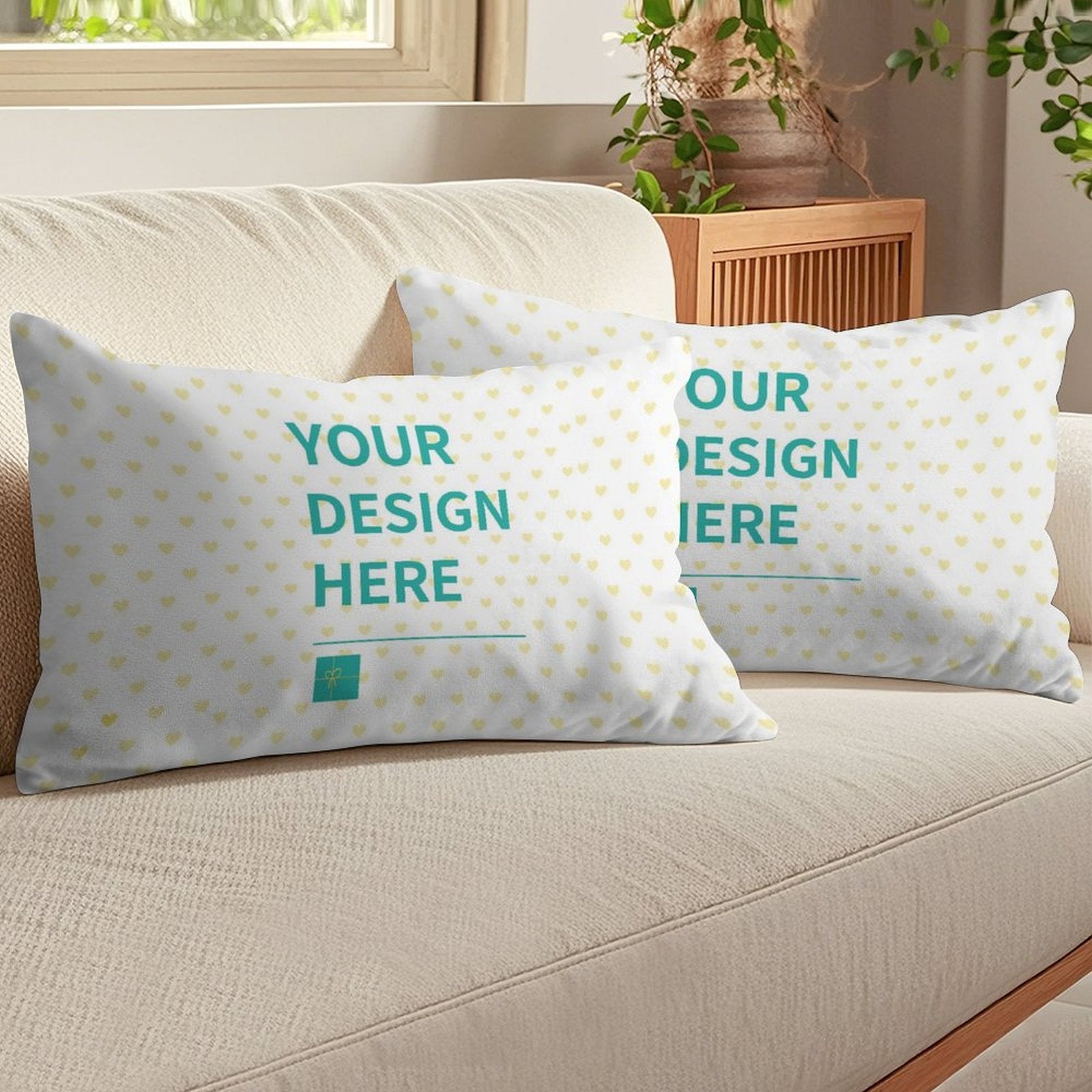 Customizable throw pillow case with heart pattern, text: "YOUR DESIGN HERE", for living room, made in USA