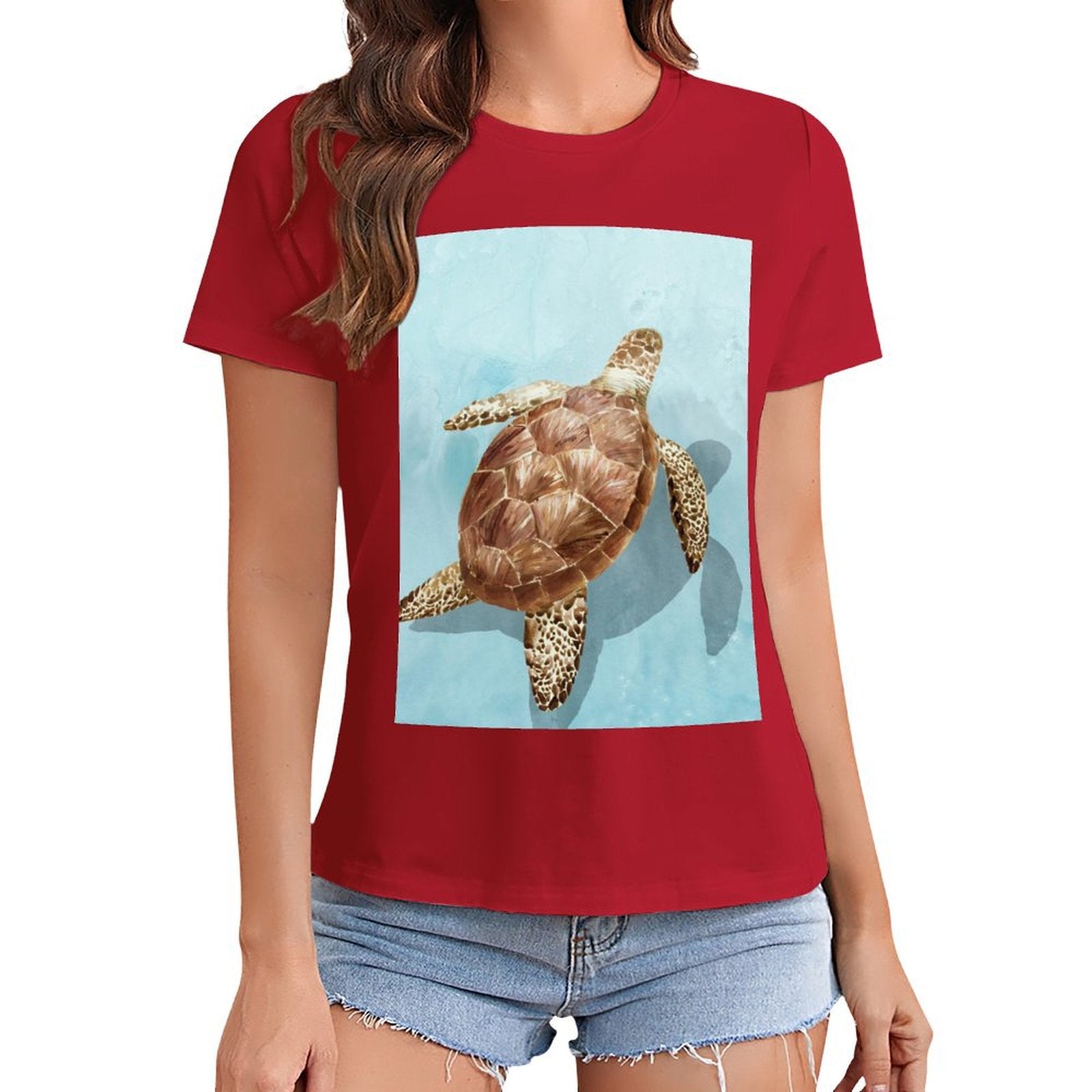 Red women's t-shirt with sea turtle graphic print, summer fashion, crewneck tee, MyArtsyGift
