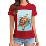 Red women's t-shirt with sea turtle graphic print, summer fashion, crewneck tee, MyArtsyGift