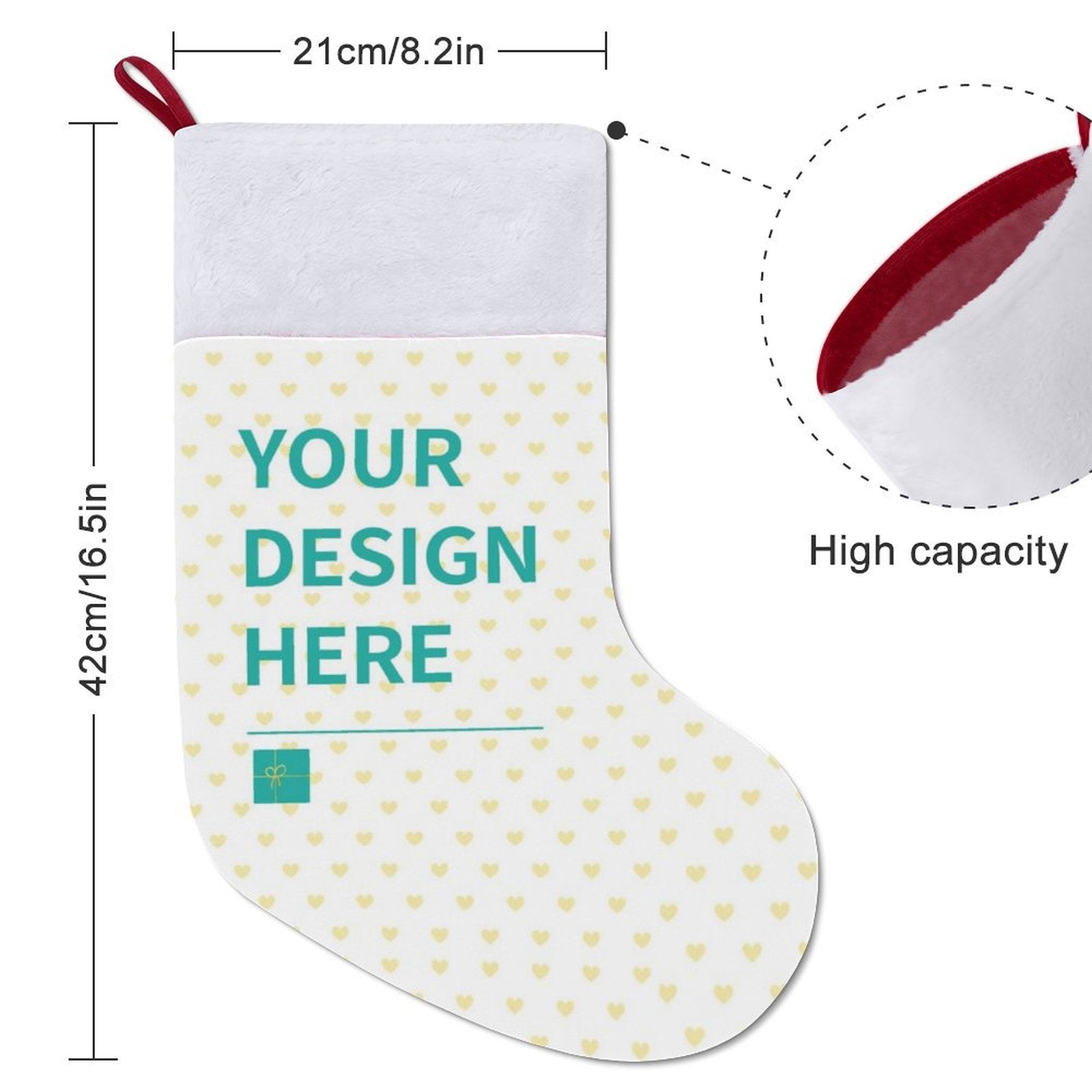 Customizable Christmas stocking with 'Your Design Here' text, holiday decoration, personalized gift.