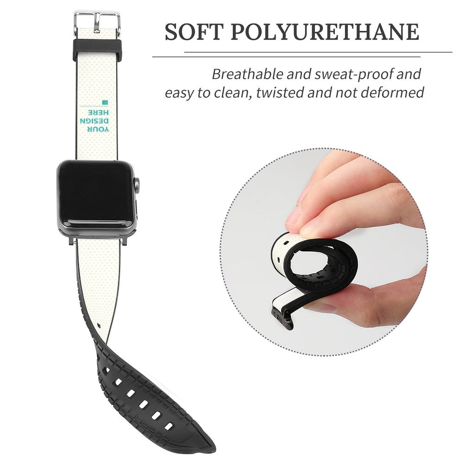 Custom Apple Watch band, soft polyurethane, breathable and sweat-proof, featuring YOUR DESIGN HERE for iWatch Series.