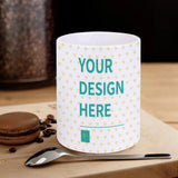 Customizable white ceramic mug with yellow hearts and 'YOUR DESIGN HERE', personalized gift.