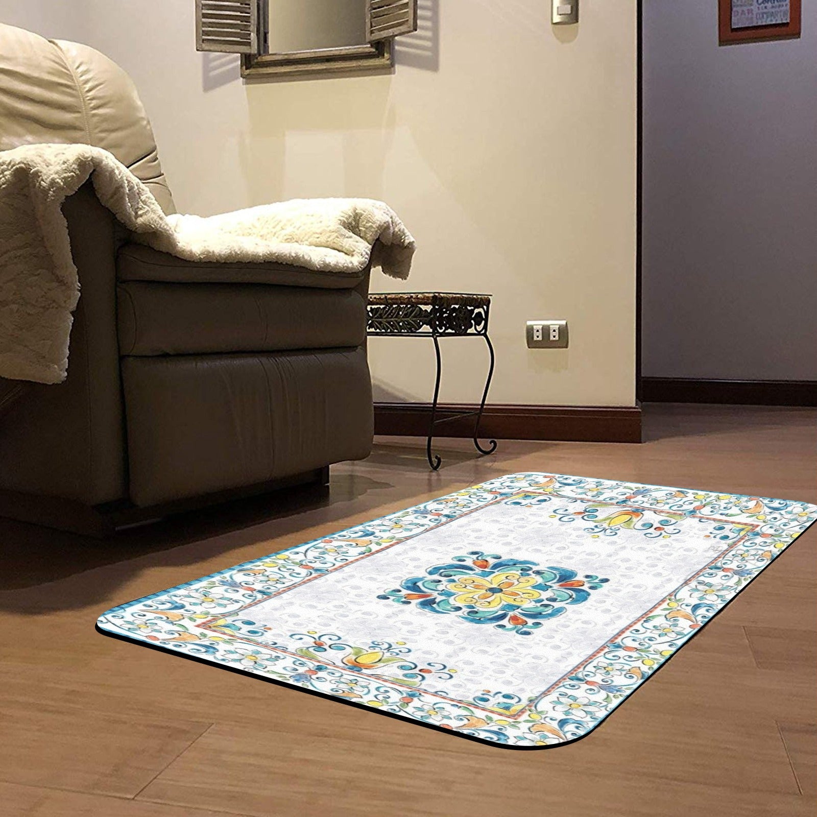Mediterranean entrance doormat with a floral pattern, placed on hardwood floor for indoor use.
