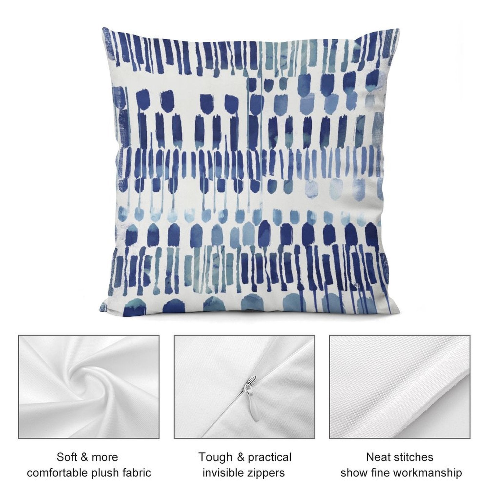 Blue abstract plush pillow cover for sofa, featuring soft fabric and invisible zipper, MyArtsyGift.