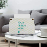 Custom PU tissue box cover with 'YOUR DESIGN HERE' text, personalized design, perfect for home or office use.