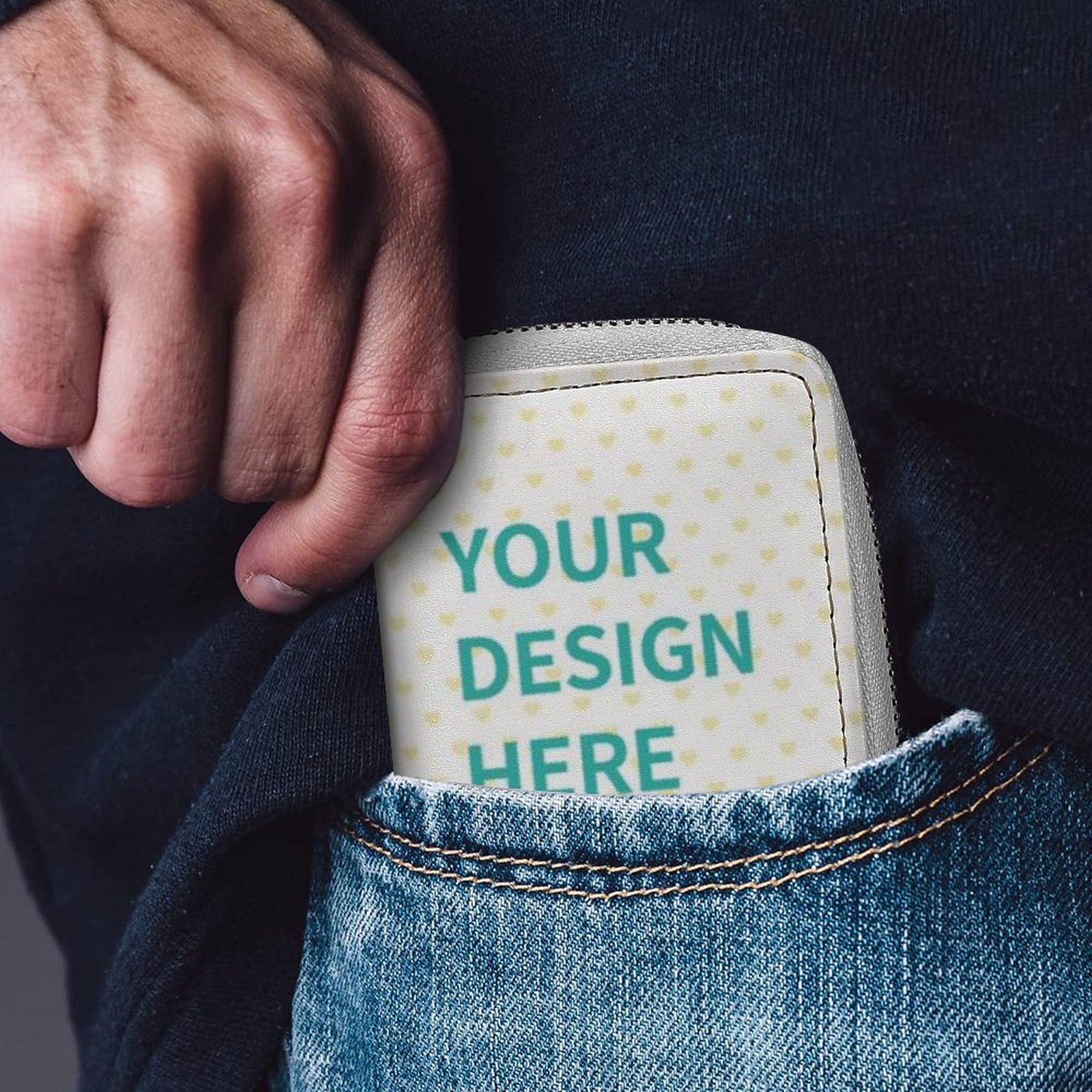 Personalized PU leather card case with "YOUR DESIGN HERE" design, in pocket, custom minimalist wallet