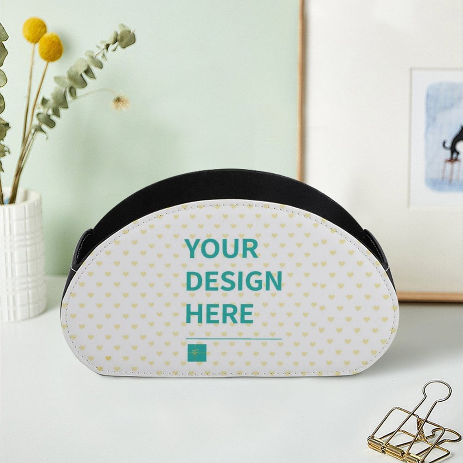 Customizable PU leather remote control holder with 'YOUR DESIGN HERE' text and heart pattern, perfect for remote storage.