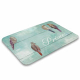Coral velvet bath rug with princess bird design, non-slip and quick-dry, for bathroom decor.