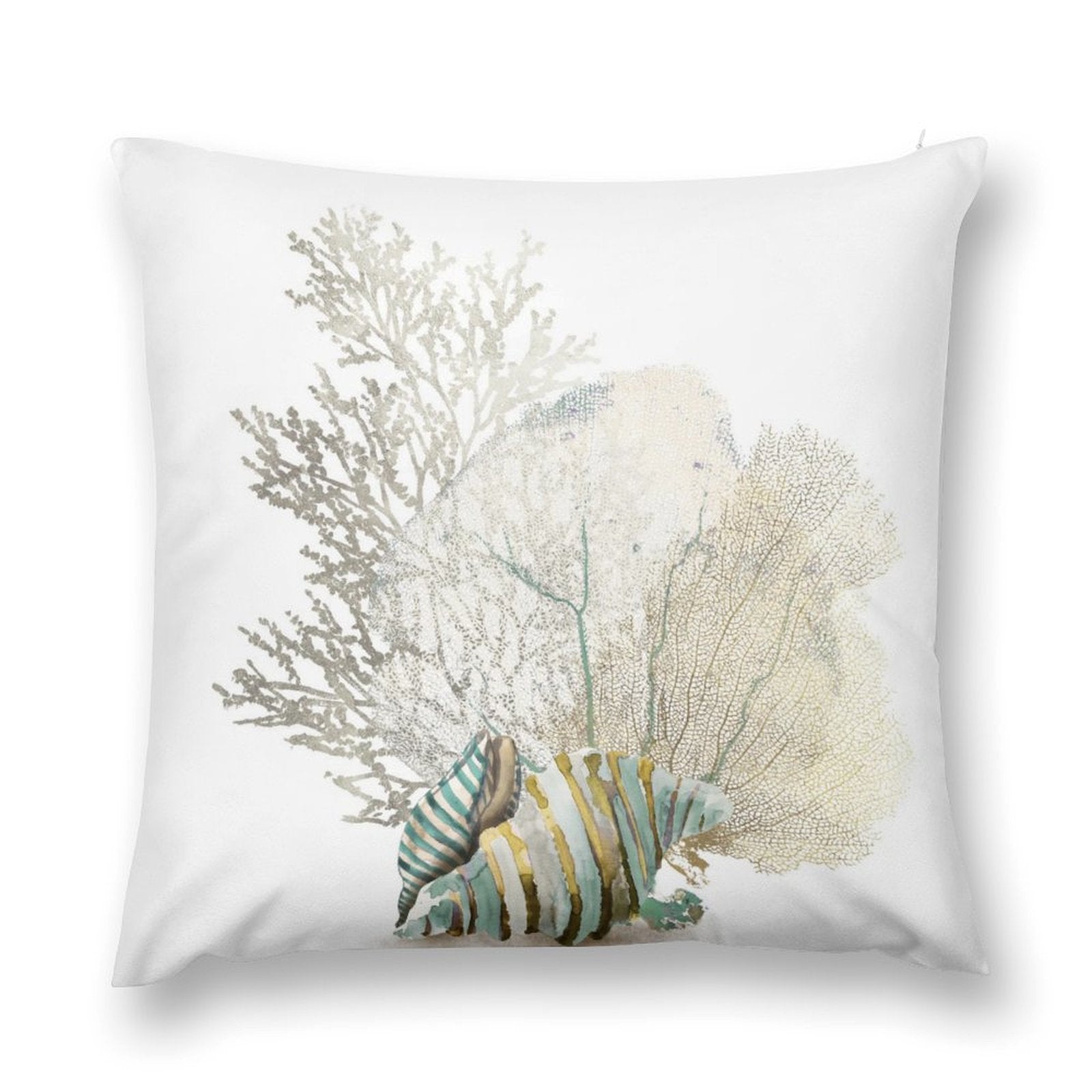 Decorative throw pillow cover with seashell and coral print in soft short plush fabric for living room decor