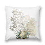 Plush throw pillow cover with watercolor seashells and coral design in gold and teal, for sofa.