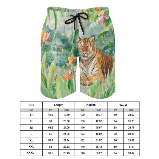 Men's swim trunks with watercolor tiger print and size chart