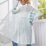 Custom white open front cardigan, long sleeve outerwear with YOUR DESIGN HERE text, women's fashion