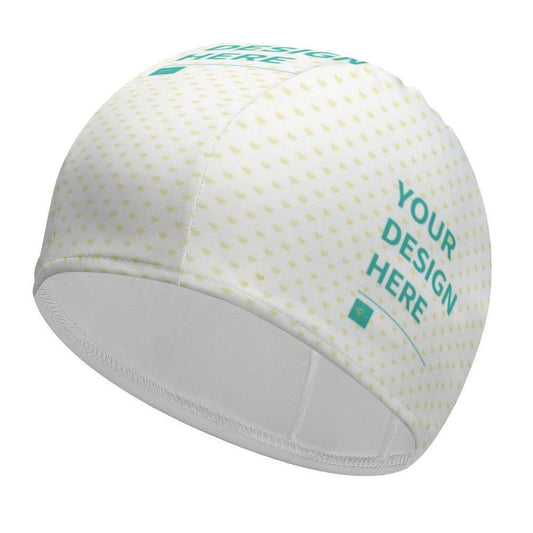 Customizable swim cap for men and women, white with dotted pattern and design text. 92% Polyester + 8% Spandex.