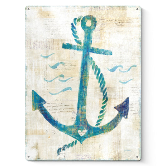 Blue anchor on vintage metal sign for bathroom or home decor