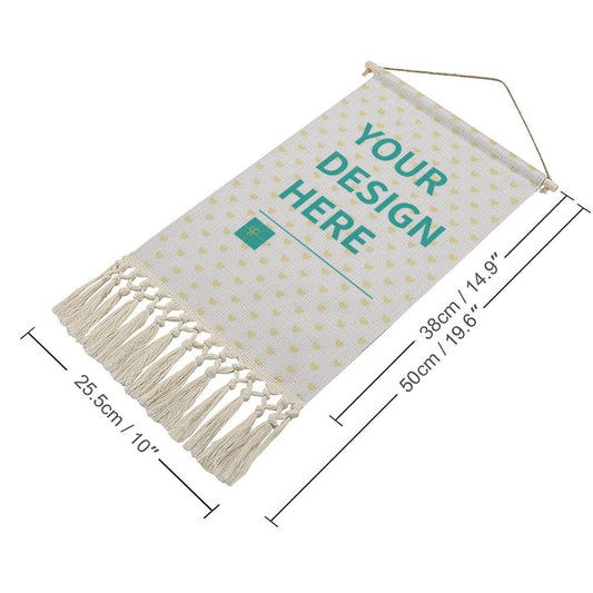 Custom cotton linen wall art poster with 'YOUR DESIGN HERE' text, includes tassels, and wooden frame.