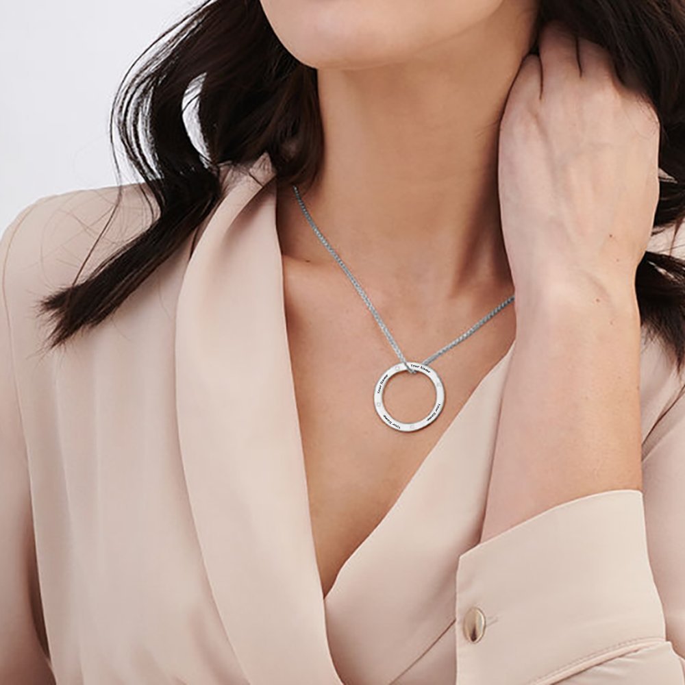 Personalized silver circle necklace with engraved names, custom pendant gift