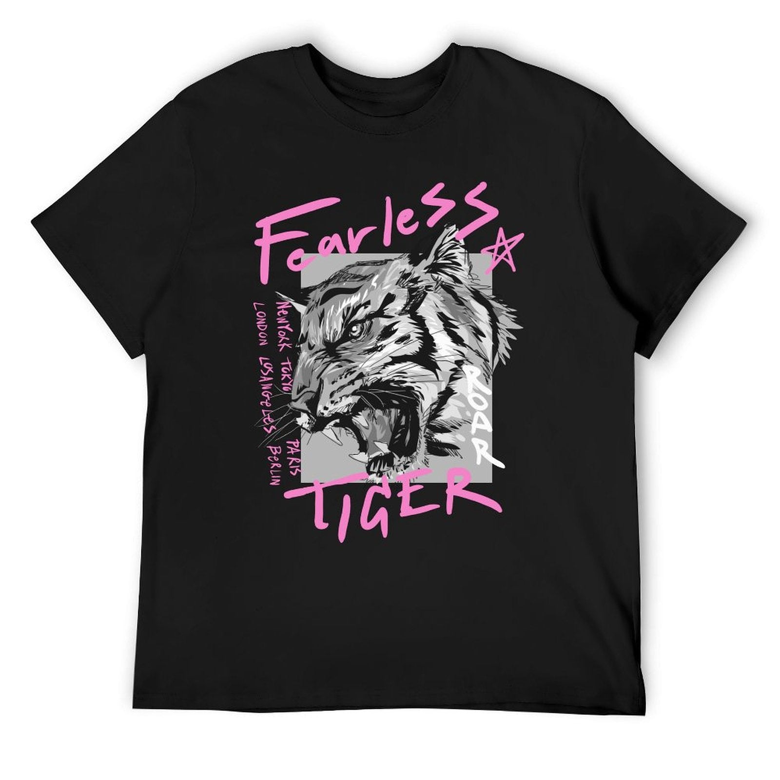 Black men's t-shirt with Fearless Tiger graphic, crew neck, cotton tee.