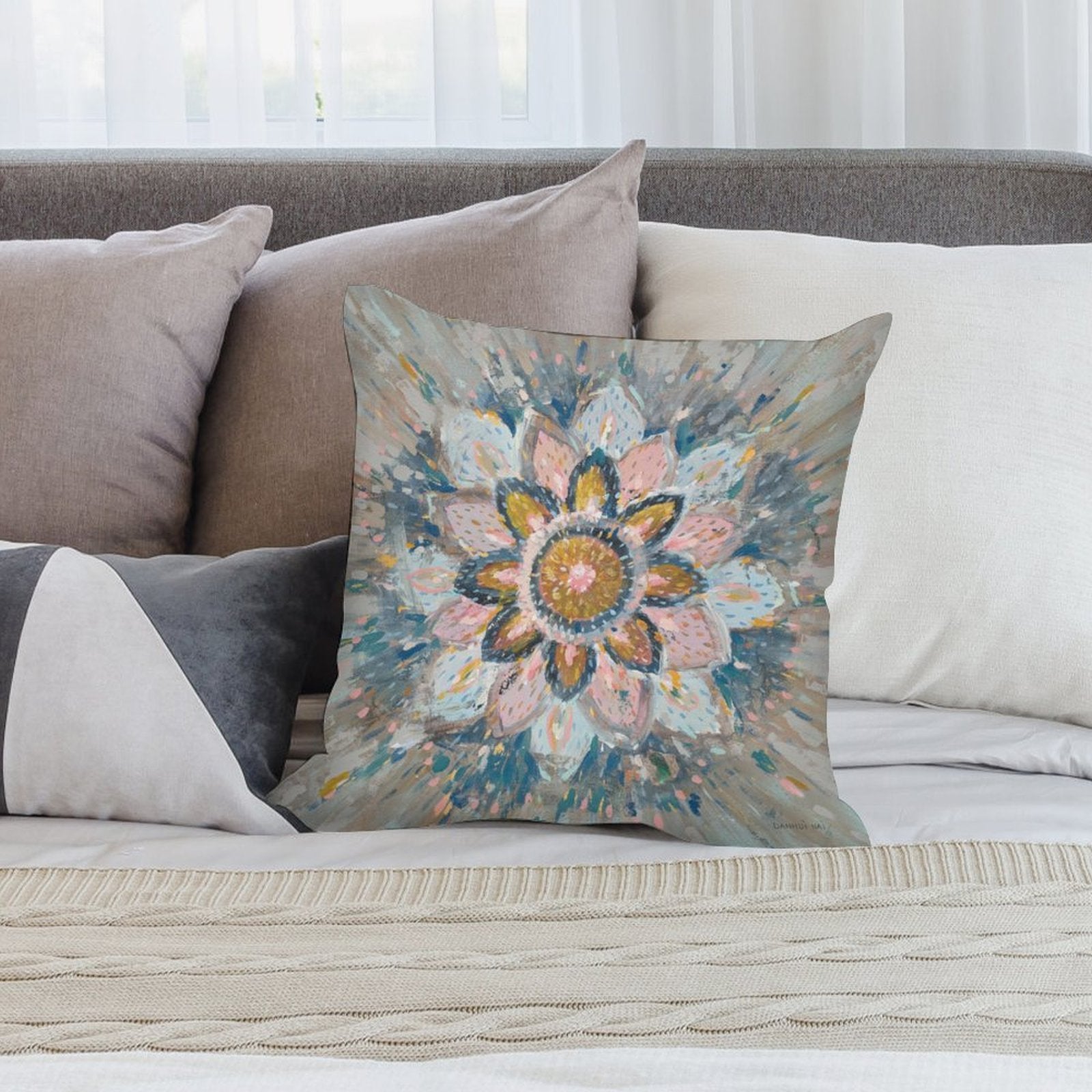 Abstract floral plush pillow cover in pastel colors for sofa or couch. Decorative home decor item.