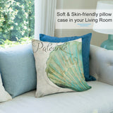 Plush throw pillow cover with teal seashell design and Palourde text. Decorative accent for sofa and living room