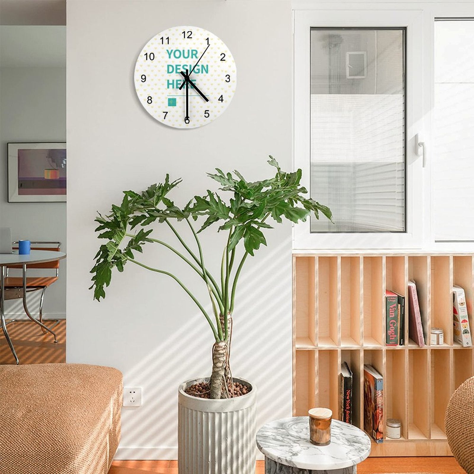 Customizable round wooden wall clock. Home decor and housewarming gift, 'YOUR DESIGN HERE' design