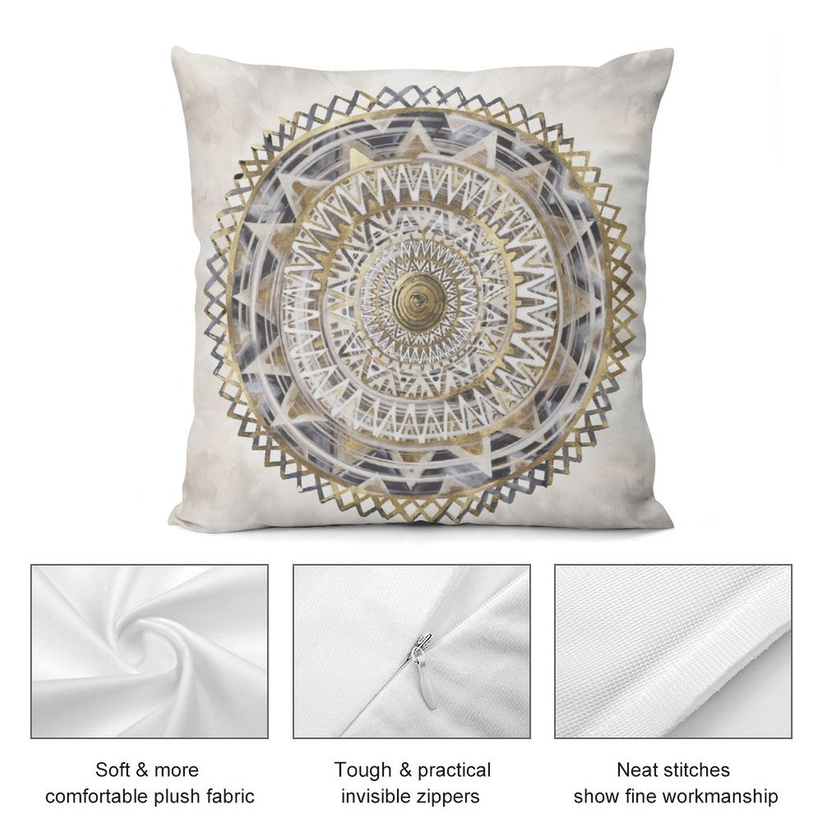 Luxury plush throw pillow cover with gold mandala design, soft fabric and invisible zippers for sofa or couch