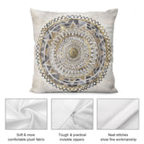 Luxury plush throw pillow cover with gold mandala design, soft fabric and invisible zippers for sofa or couch